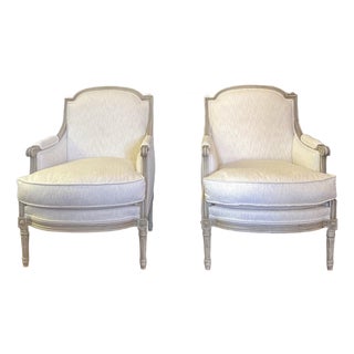 Set of 2 Vintage Mid 20th Century Painted French Louis XVI Styled Bergères Arm Chairs - New Upholsteryy For Sale