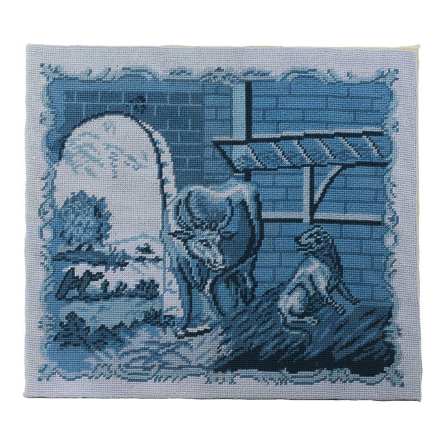 Vintage Blue and White Needlework Pastoral Farm Scene With Cow and Dog Textile Wall Art For Sale