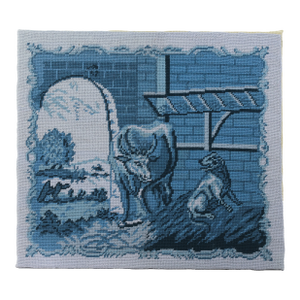 Vintage Blue and White Needlework Pastoral Farm Scene With Cow and Dog Textile Wall Art