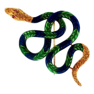 Mid-Century 18k Blue and Green Enameled Snake Pin For Sale