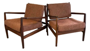 Matched Pair of Original Jens Risom Mid-Century Modern Lounge Chairs – Authentic Labels – Vintage Danish Modern Walnut Armchairs