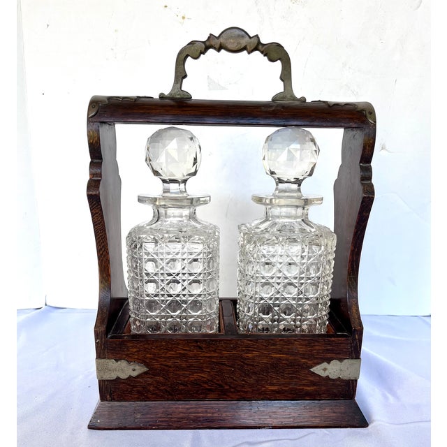 Late 19th Century Antique Late 1800s English Oak Two Decanter Tantalus with Key - 4 pcs For Sale - Image 5 of 12