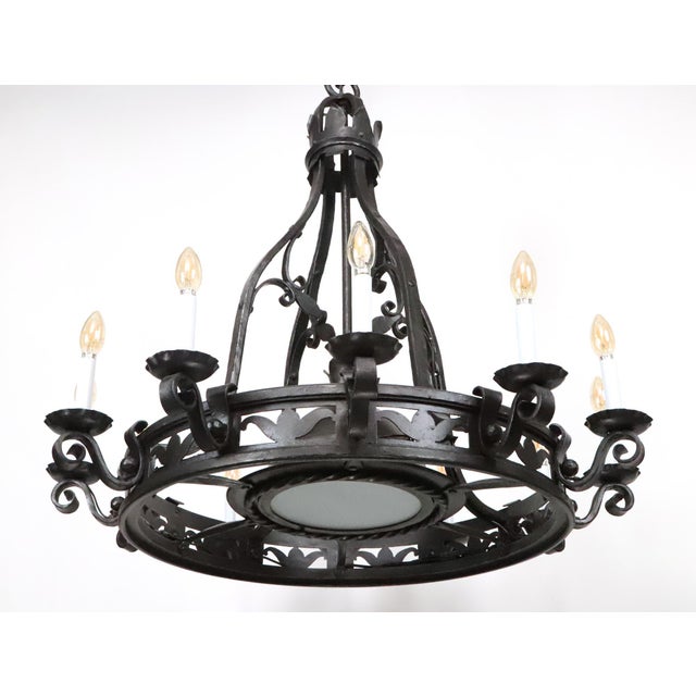Gothic Mid 20th Century Restored Gothic Black Wrought Iron Chandelier For Sale - Image 3 of 9