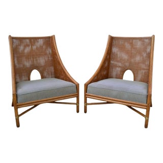 Pair, Barbara Barry McGuire Mid-Century Modern Caned Lounge Chairs Refinished For Sale