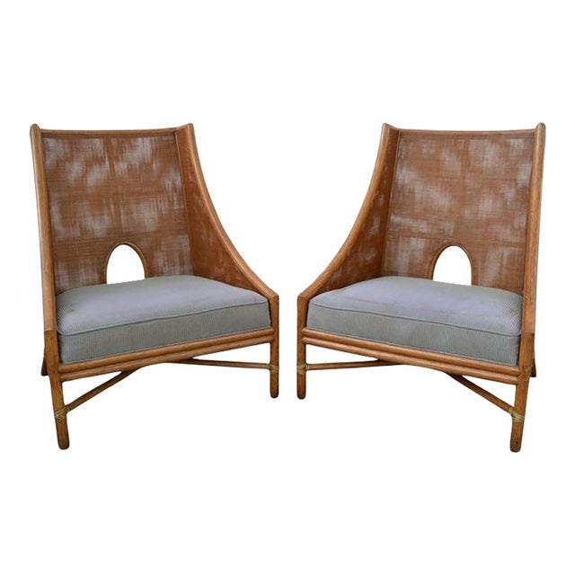 Pair, Barbara Barry McGuire Mid-Century Modern Caned Lounge Chairs Refinished For Sale