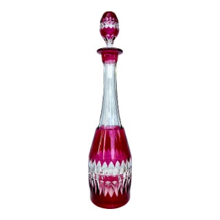 Mid 20th Century Val St Lambert Cranberry Cut to Clear Crystal Decanter With Stopper For Sale