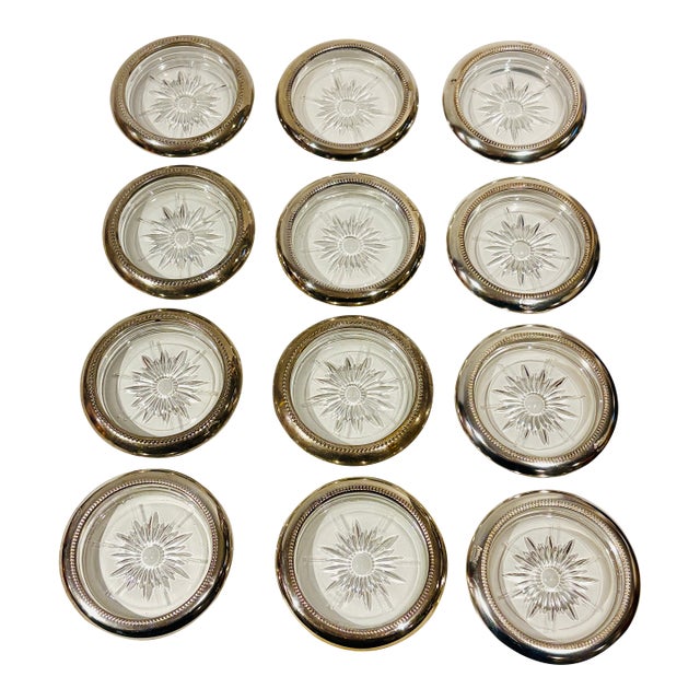 Mid 20th Century Set of 12 Vintage Leonard Blackinton Silverplate & Glass Coasters For Sale
