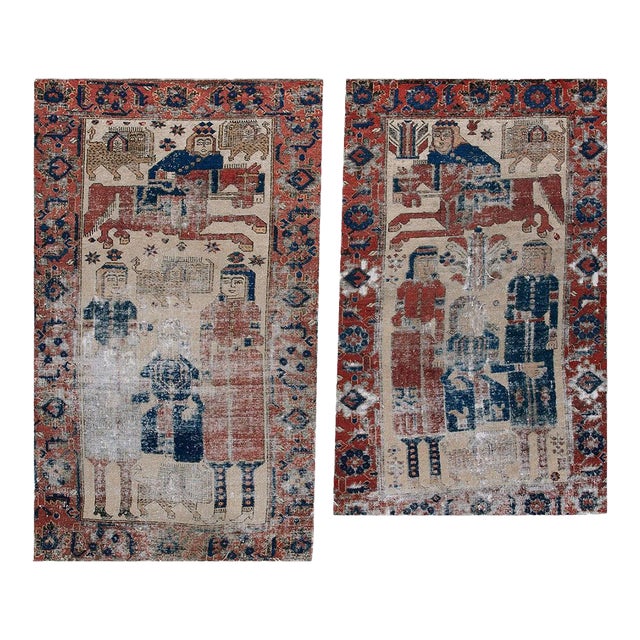 1900s Ivory Pair of Pictorial Baluch Ferdous Carpets ( 3'7" X 6'1") Handknotted Woo Rugs For Sale