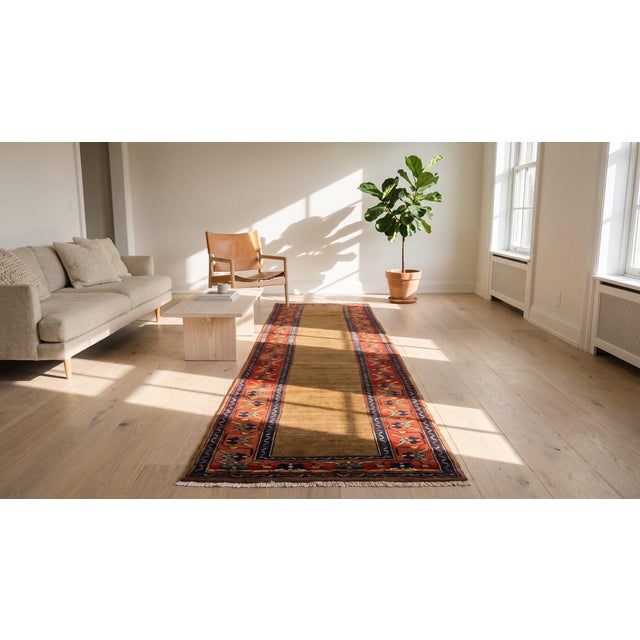 1890s Tan Camel Geometric Nw. Persian Kurdish Runner Rug 3' X 10' Handknotted Wool Carpet For Sale - Image 9 of 9