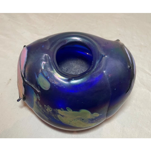 Unusual Hand Blown Iridescent Pearson Studio Art Glass Blue Vase Sculpture For Sale - Image 14 of 18