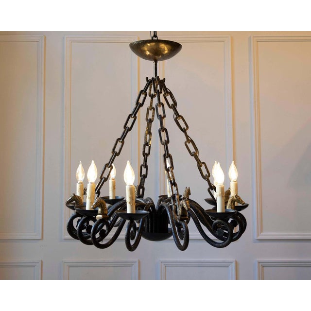 Mid 20th-Century French Wrought Iron Chandelier with Horse-Head Details For Sale - Image 10 of 11