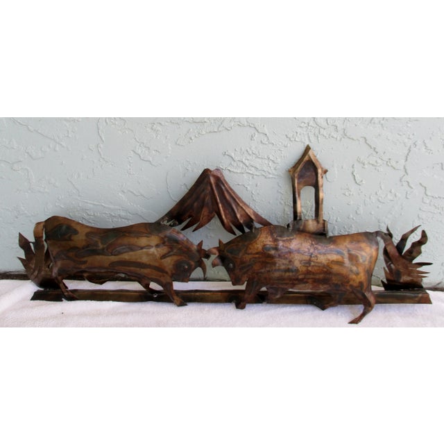 Metal Vintage Burnished Brass Fighting Bulls Wall Sculpture For Sale - Image 7 of 7