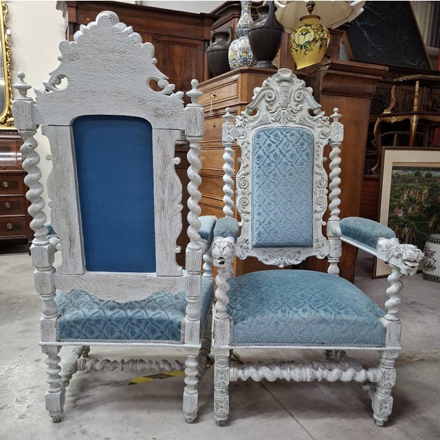 Renaissance Ceremonial Armchairs in Carved Wood Twisted Columns and Lion Heads, Set of 2 For Sale - Image 4 of 11