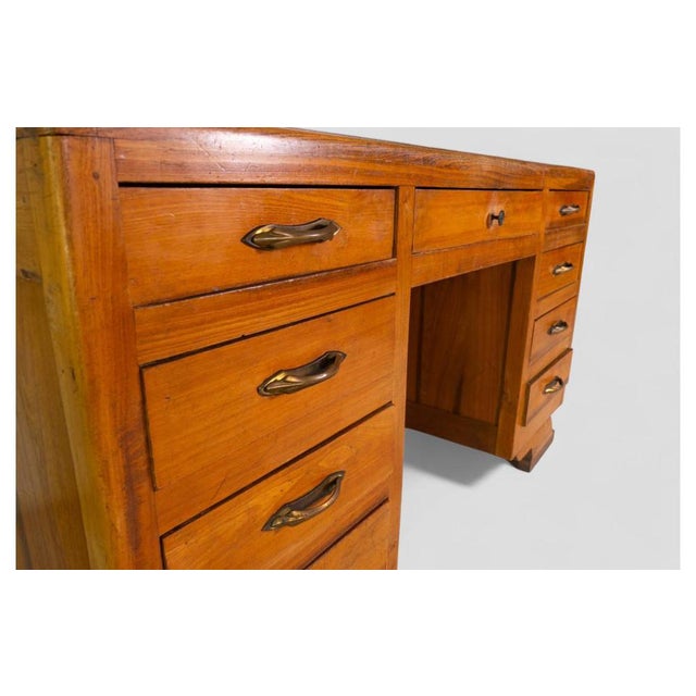 Large Vintage Wooden Desk with Double Drawer Unit and Shaped Legs For Sale - Image 11 of 12