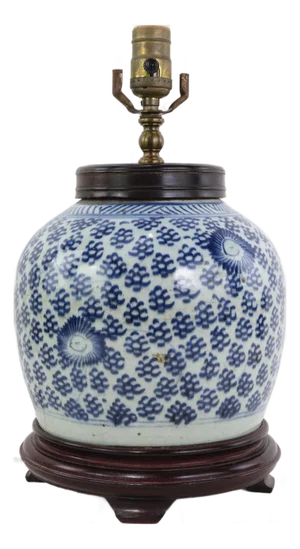 Antique Blue and White Porcelain Ginger Jar Table Lamp With Cobalt Floral and Medallion Motif