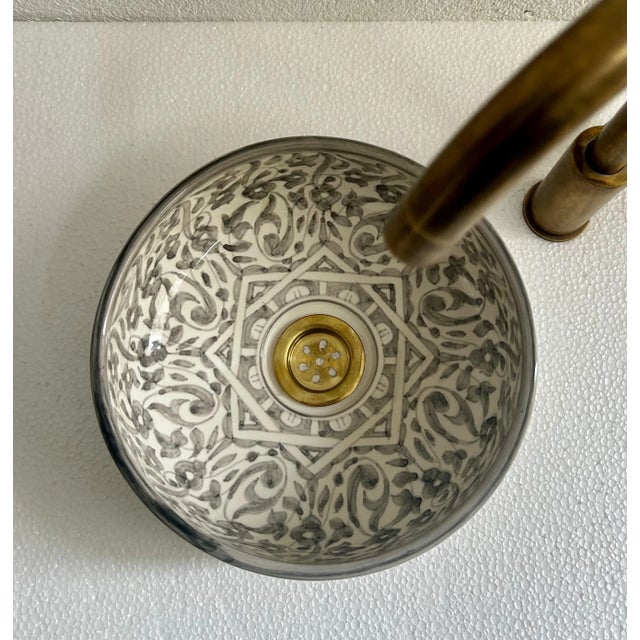 Not Yet Made - Made To Order Gray Ceramic Pottery Round Vessel Washbasin Sink for Bathroom With Brass Drain & Gifts For Sale - Image 5 of 9