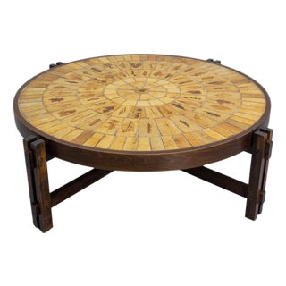 French Round Coffee Table with Herbarium Faience Top by Roger Capron for Vallauris, 1960s For Sale