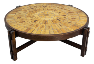 French Round Coffee Table with Herbarium Faience Top by Roger Capron for Vallauris, 1960s