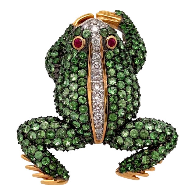 Tsavorite Diamond Ruby 18k Gold Two-Tone Frog Brooch Pendant For Sale
