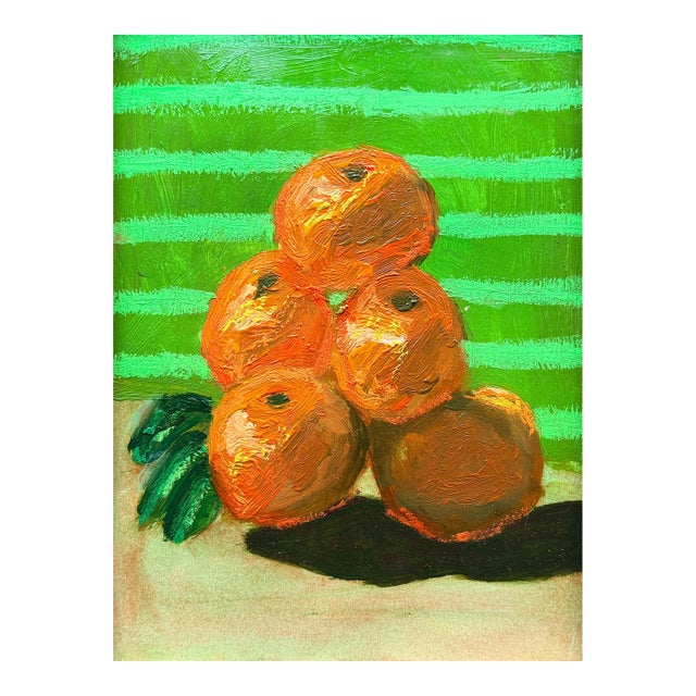 Contemporary Still Life Painting of Oranges, Acrylic and Oil Pastel on Paper, 9x12 For Sale