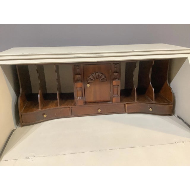 Off-white Painted Oyster Off White Vintage Secretary Drop Down 4 Drawers Chest Claw Feet Short Style For Sale - Image 8 of 12