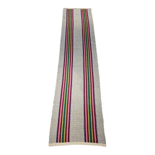 Vintage American Rag Runner, Handwoven Stripe Pattern, Tan, Green & Magenta, 3x13 For Sale