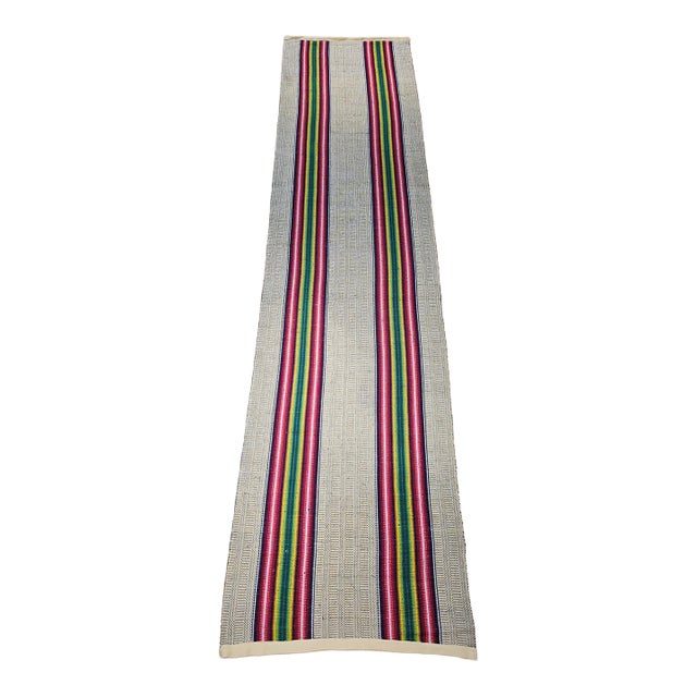 Vintage American Rag Runner, Handwoven Stripe Pattern, Tan, Green & Magenta, 3x13 For Sale