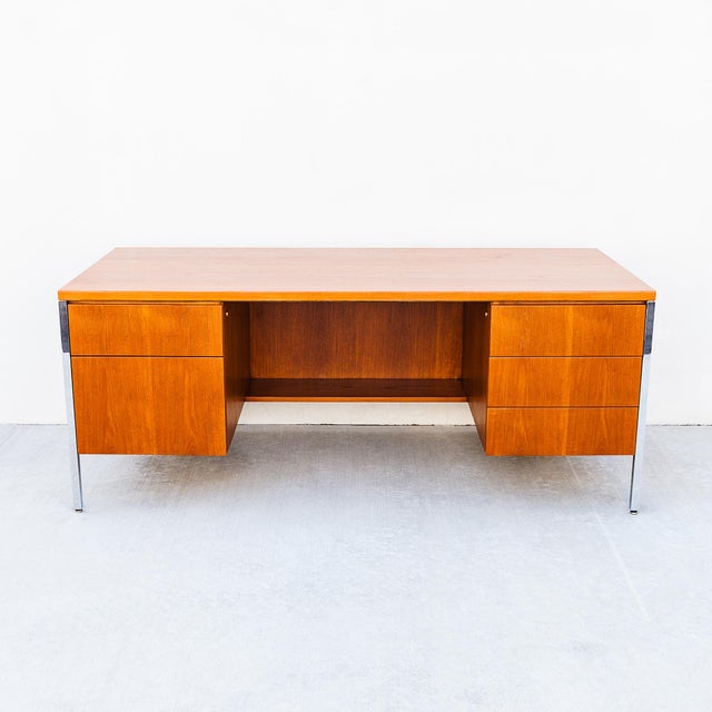 Vintage 1960s Mid Century Modern Teak & Chrome Executive Desk After Florence Knoll For Sale - Image 13 of 14