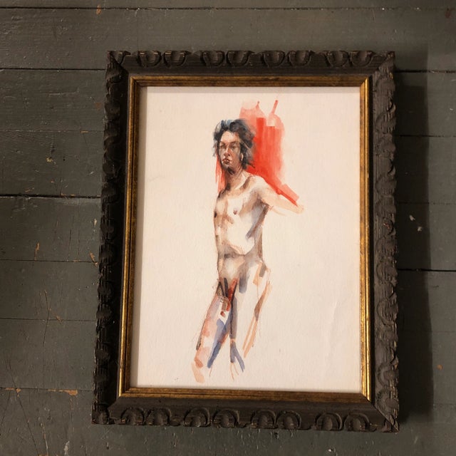 Mid-Century Modern Original Vintage Male Nude Watercolor Painting Carved Wood Frame 1970’s For Sale - Image 3 of 3