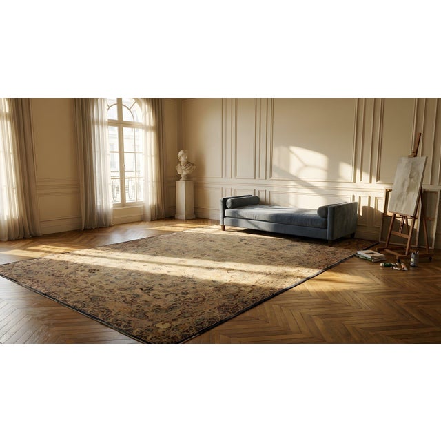 Georgous Sand Colored Floral Design With a Hint of Navy Blue Antique Kirman Rug For Sale - Image 9 of 11