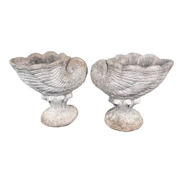 Vintage Cast Stone Nautilus Shell Planters- A Pair For Sale