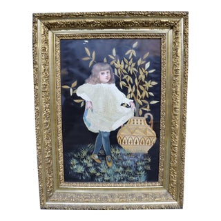 Victorian Needlework Portrait of a Young Girl With Watercolor Background, Gilt Frame For Sale