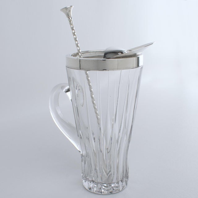 Christofle 1940s Silver Plate and Crystal Barware Cocktail Martini Pitcher with Stirrer Spoon For Sale - Image 4 of 17