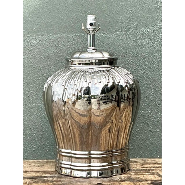 Vintage Silver Mirror Finish Glazed Ceramic Lamp For Sale - Image 10 of 12