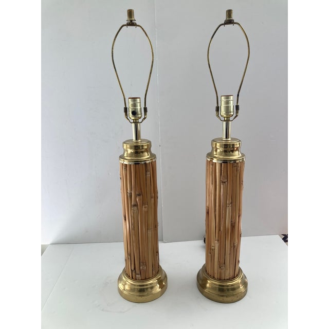 1960s Pencil Reed Rattan Table Lamps With Brass Details- A Pair For Sale - Image 5 of 10