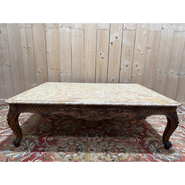 Louis XV Style Coffee Table in Walnut with Marble Top, 1950s For Sale - Image 9 of 9