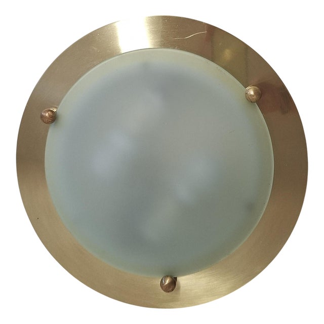 Flat Vintage Ceiling Lamp with Brass Mount and Frosted Glass Shade by Belmonte, 2000s For Sale