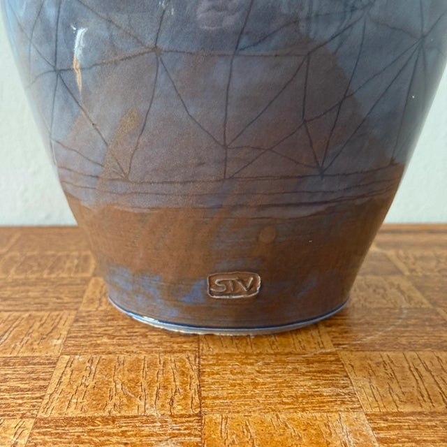 Mid 20th Century Vintage Hand Thrown Pottery Vase With Glazed Design in Blue and Mauve, Signed For Sale - Image 5 of 7