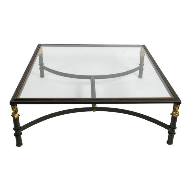 Brushed Steel & Brass Figural Accent Glass Top Coffee Table, Neoclassical Style For Sale