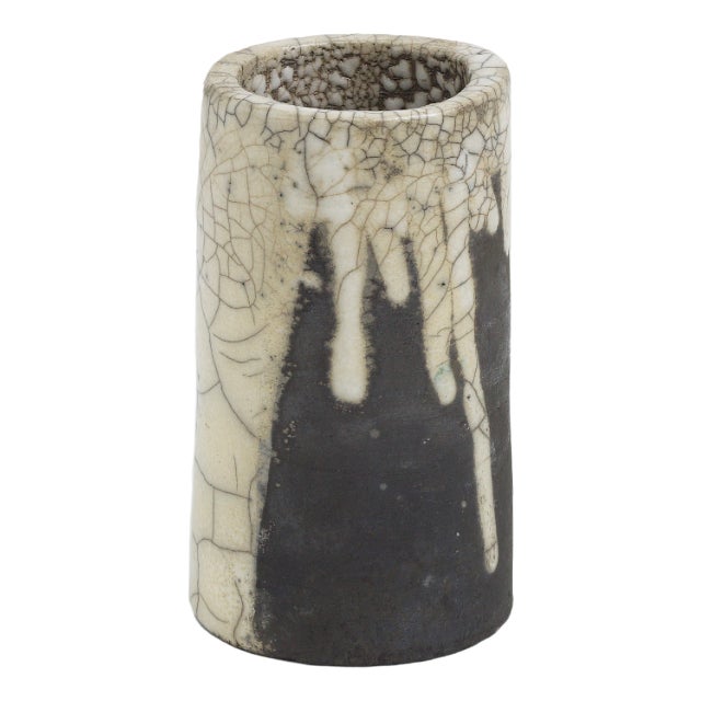 Japanese Modern Black White Crackle Raku Ceramic Magma Pen Holder by Laab Milano For Sale