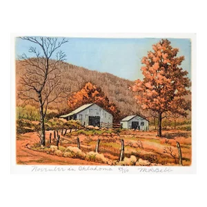 Vintage 1950s Maurice Bebb Oklahoma Farm Landscape Aquatint Etching