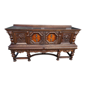 Antique Jacobean Style Renaissance Oak Credenza Buffet Carved Unique Detail