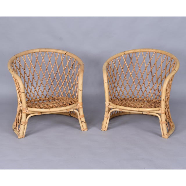 Franco Albini Pair of Vintage Trellis Woven Barrel Back Rattan Lounge Chairs For Sale - Image 4 of 17
