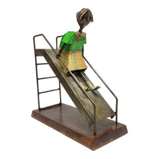 Vintage Folk Art Sculpture by Manuel Felguerez of Girl on Slide For Sale