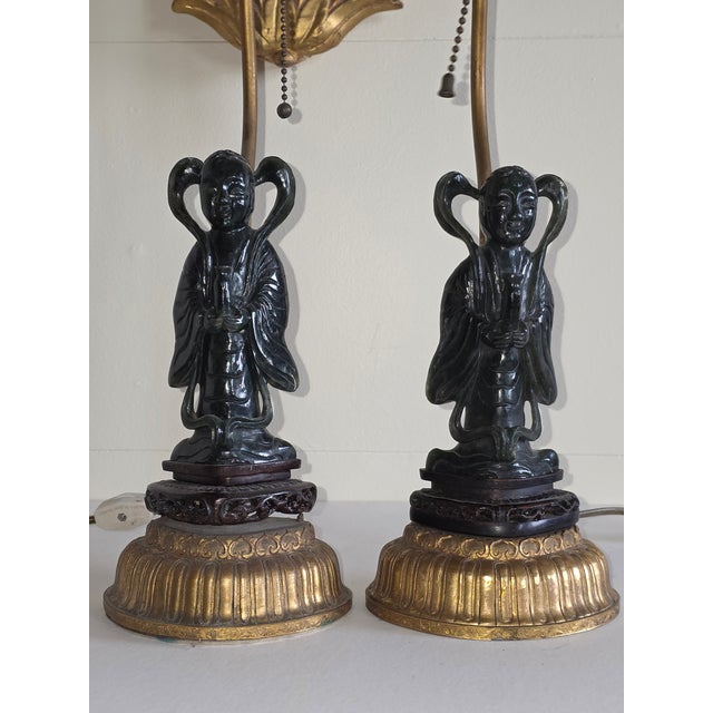 Pair of Carved Jade Figural Lamps For Sale - Image 9 of 12