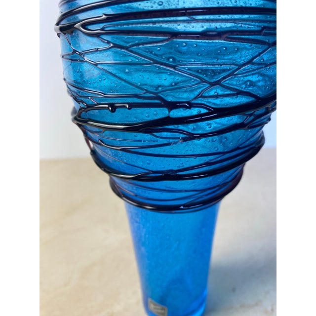 Blue Simone Cenedese Murano Threaded Art Glass Vase, Cerulean Blue, C. 2000 For Sale - Image 8 of 8