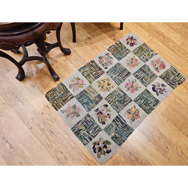 Early 20th Century Vintage American Hand Hooked Rug, Block Design, Folk Art Tapestry, 2x3 For Sale - Image 5 of 13