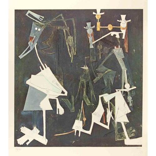 Modern artwork realized by Wifredo Lam in 1970s. Colored lithograph on paper. Hand monogrammed in the right lower margin...