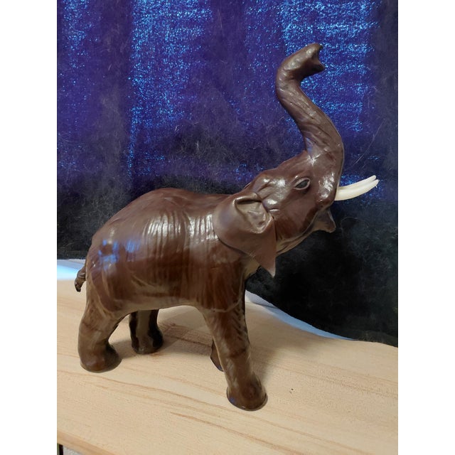 LEATHER COVERED ELEPHANT Statue w/ Trunk Up 13" ~ Dark Brown Hand Crafted Pachyderm Art Sculpture -