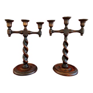 Pair Antique English Oak Barley Twist Candlesticks Candelabras Candle Holders For Sale